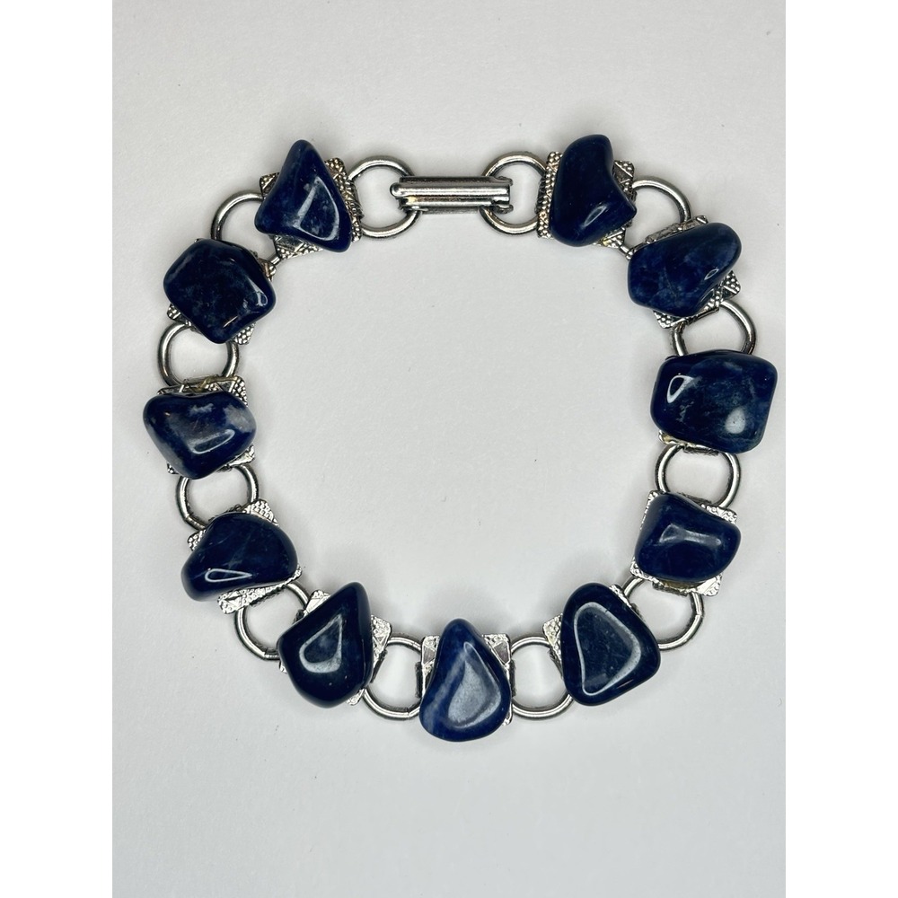 Vintage Sodalite Stone Link Bracelet Silver Tone Chunky Statement 7"